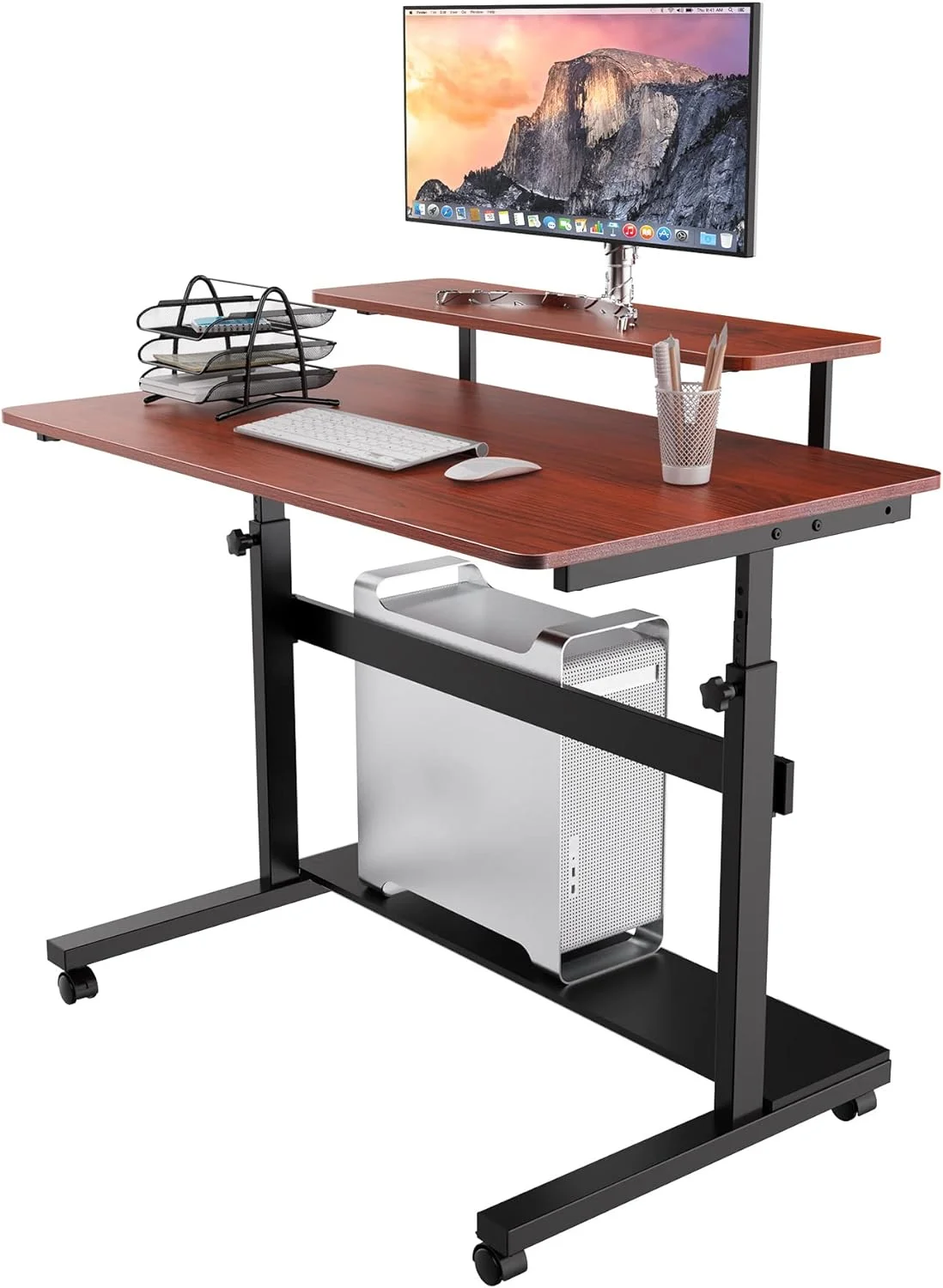 HJZBNONE It's_Organized Height Adjustable Portable Computer Desk 41''Rolling Laptop Desk Mobile Standing Desk with Monitor  & Hutch Teak