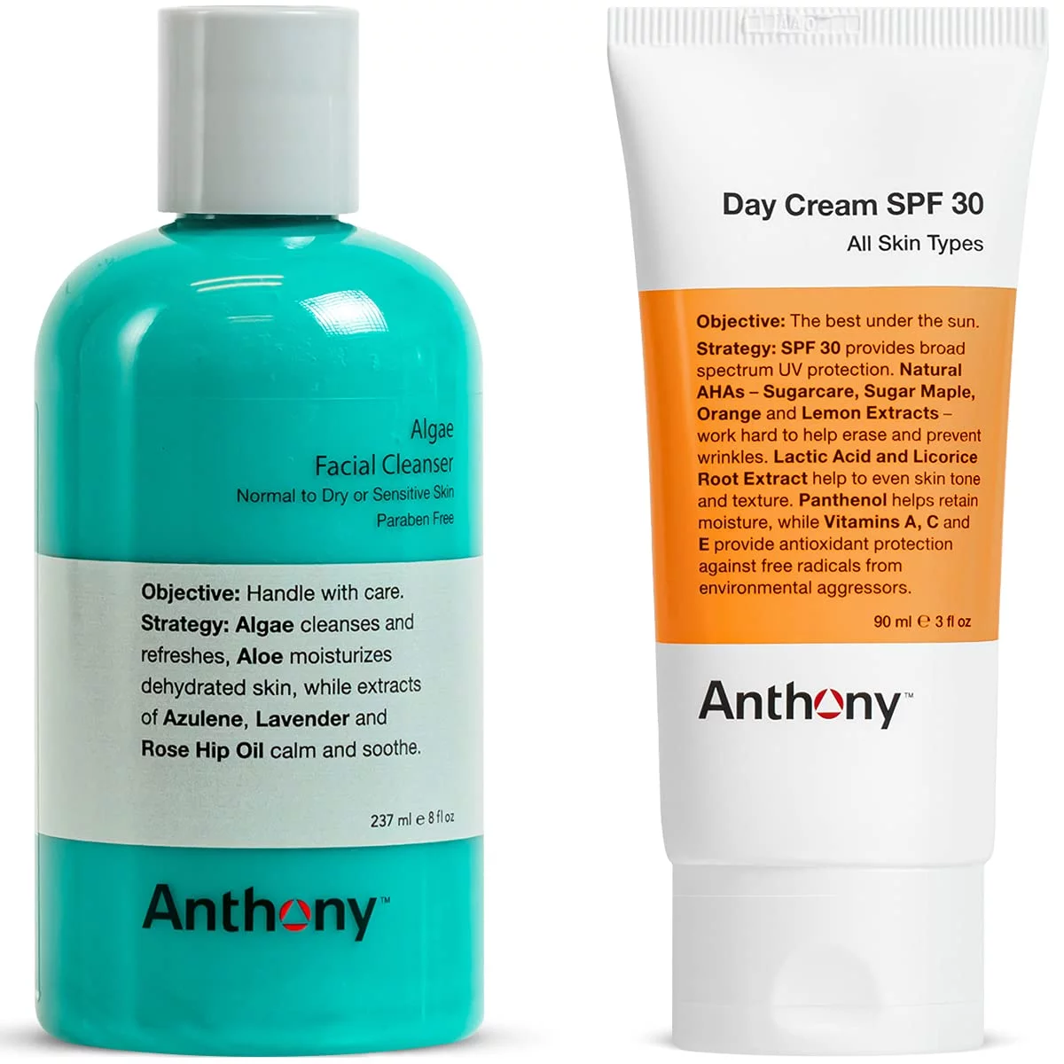 Anthony Day Cream SPF 30, 3 Fl Oz, and Anthony Algae Facial Cleanser, 8 Fl Oz