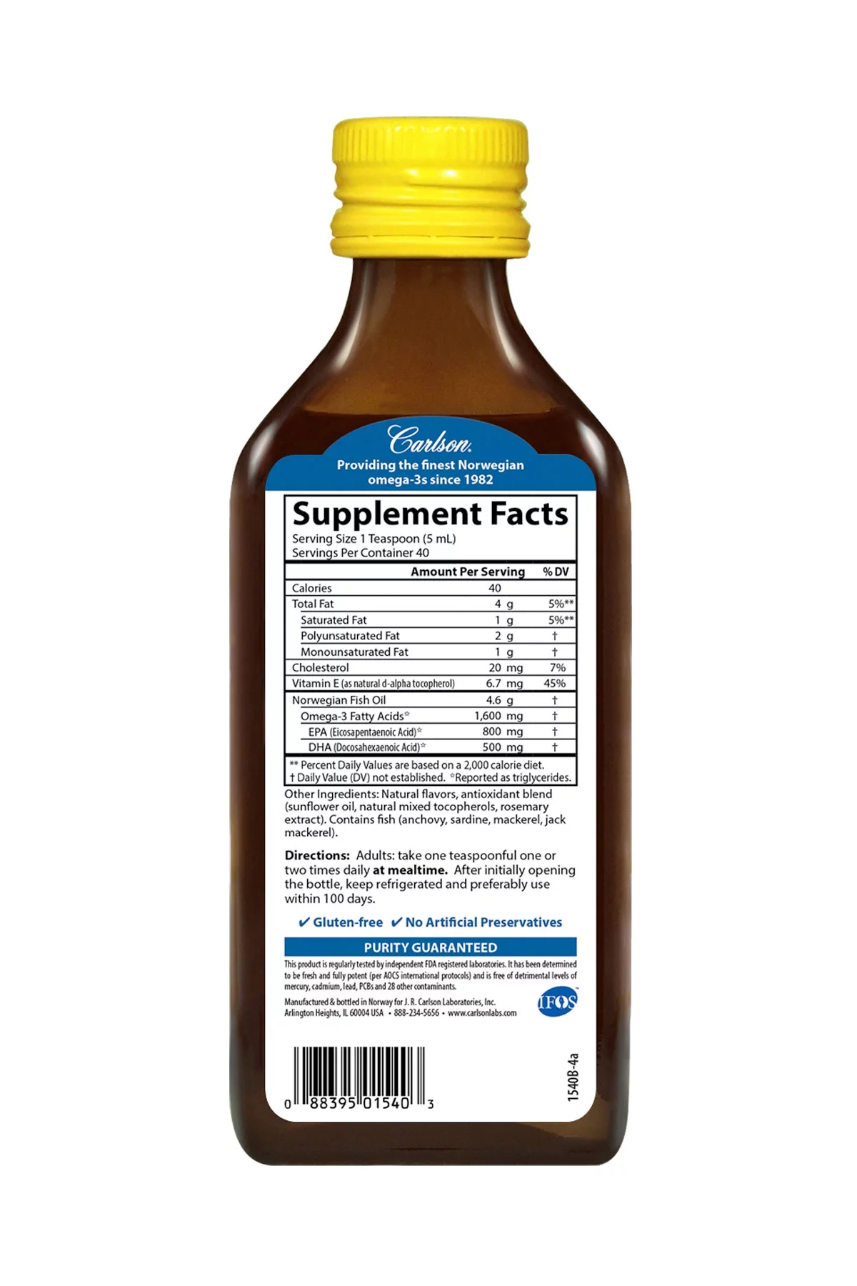 Carlson Norwegian The Very Finest Fish Oil Liquid, 1600 mg Omega-3, Lemon, 6.7 Fl Oz.