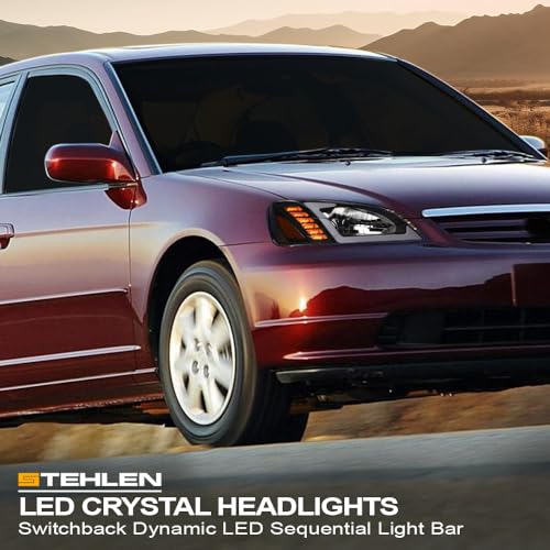 642167826651 Compatible With 2001-2003 Honda Civic 4 Door Sedan / 2 Door Coupe Switchback Sequential LED Strip Bar Headlights With Signal Amber - Black