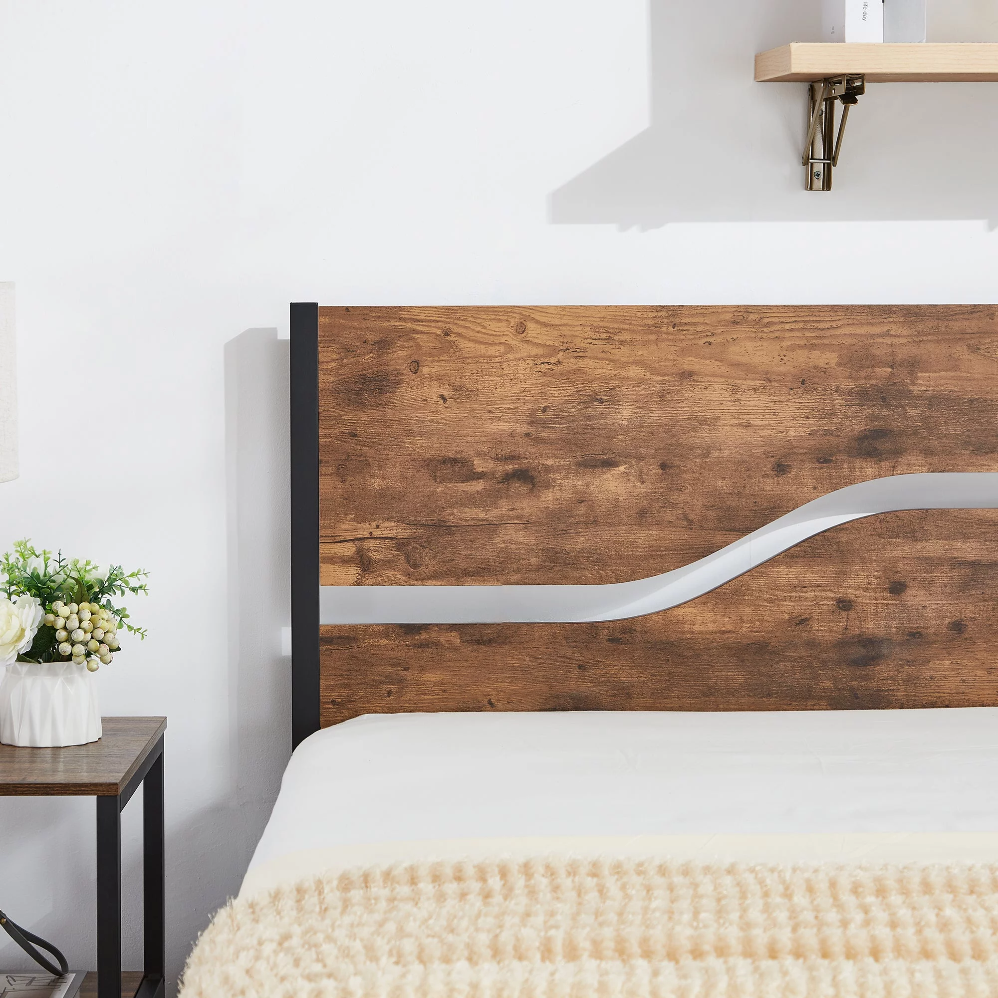 VECELO 3-Piece Bedroom Set Full Bed Frame and 2 Brown Nightstands