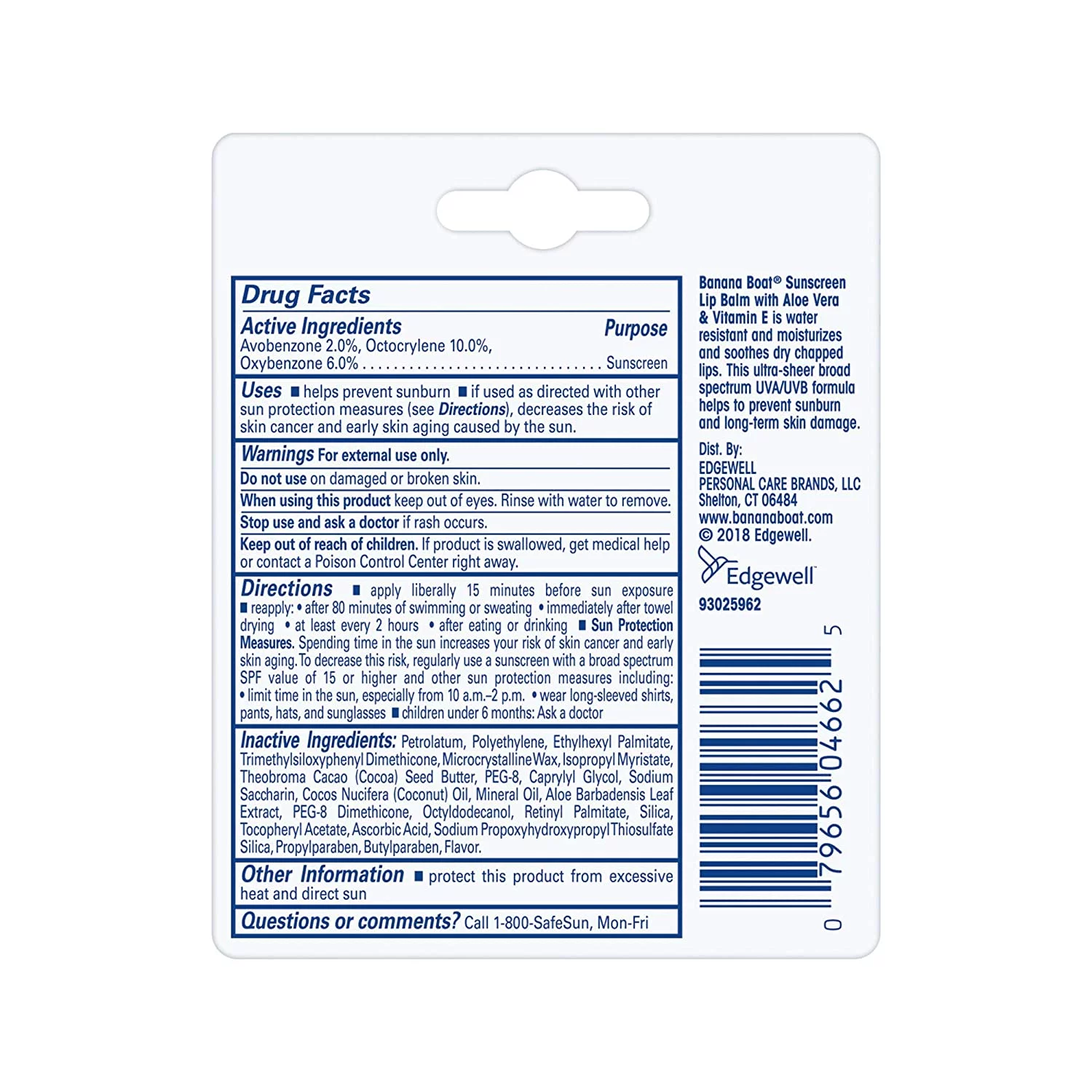 Banana Boat Aloe Vera with Vitamin E Sunscreen Lip Balm, SPF 45 .15