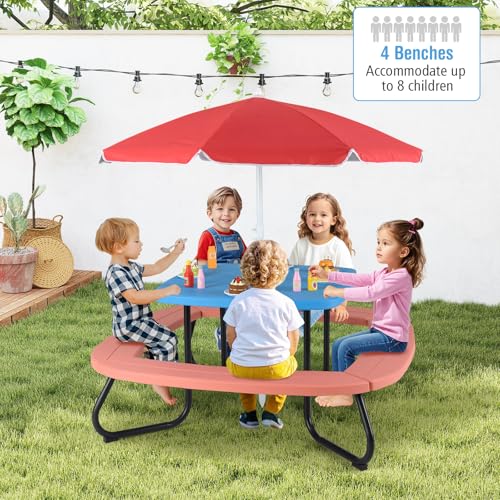 8 Seat Kids Picnic Table with Umbrella & 4 Built-in Benches, Fits 8 Children, Indoor Outdoor Toddler Picnic Table for Backyard Lawn & Patio (White+Blue)