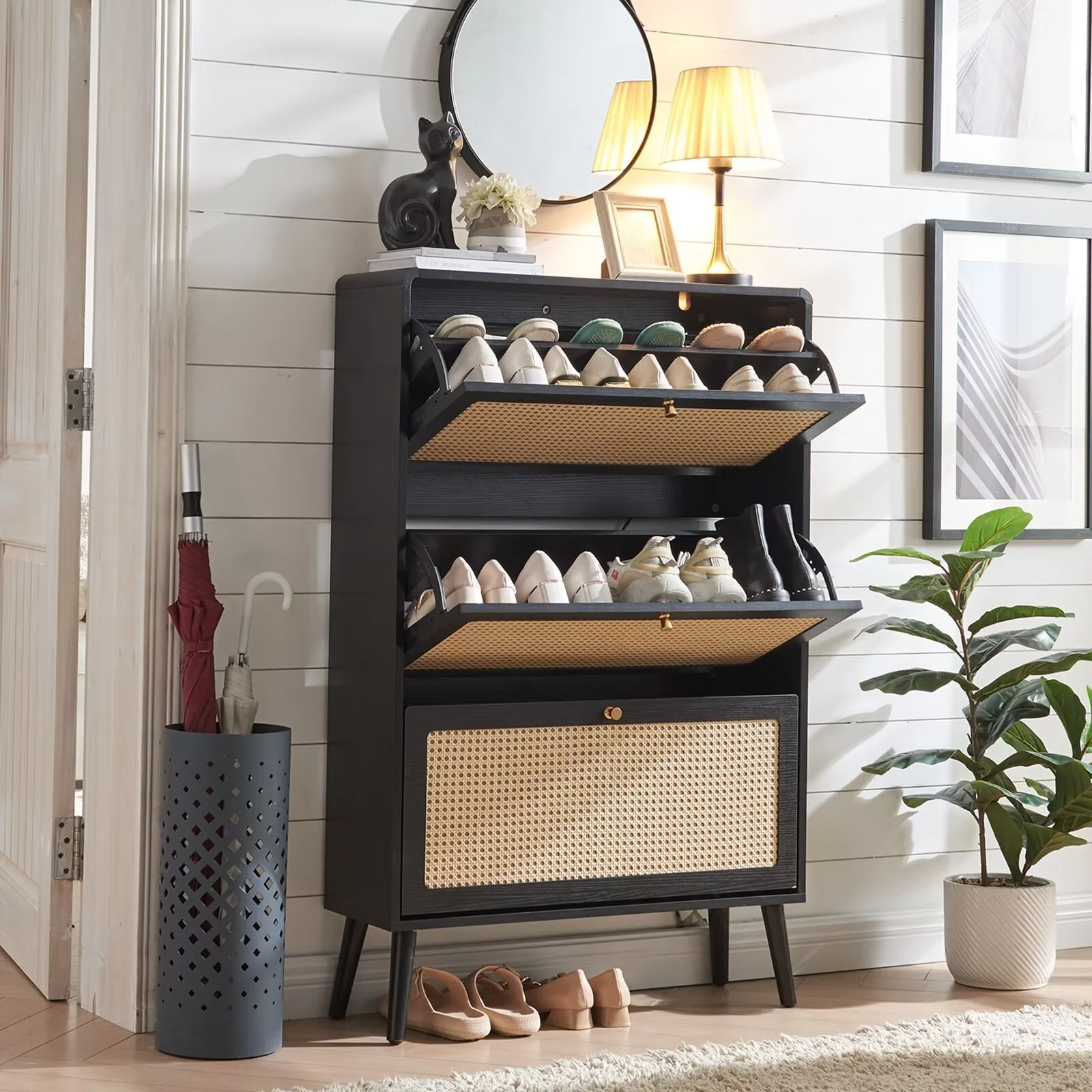 Sweiko Shoe Storage Cabinet with 3 Flip Drawer Natural Rattan Shoe Cabinet Organizer Freestanding Wooden Shoe Rack Storage Cabinet with Metal Legs for Entryway Hallway Bedroom Mudroom Black