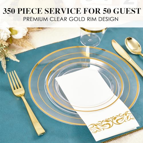 FOCUSLINE 350 Count Clear Dinnerware Set for 50 Guests- Clear Plastic Plates with Gold Rim, Includes Disposable 50 Dinner & Salad Plates, Cups, Napkins and Cutlery Set