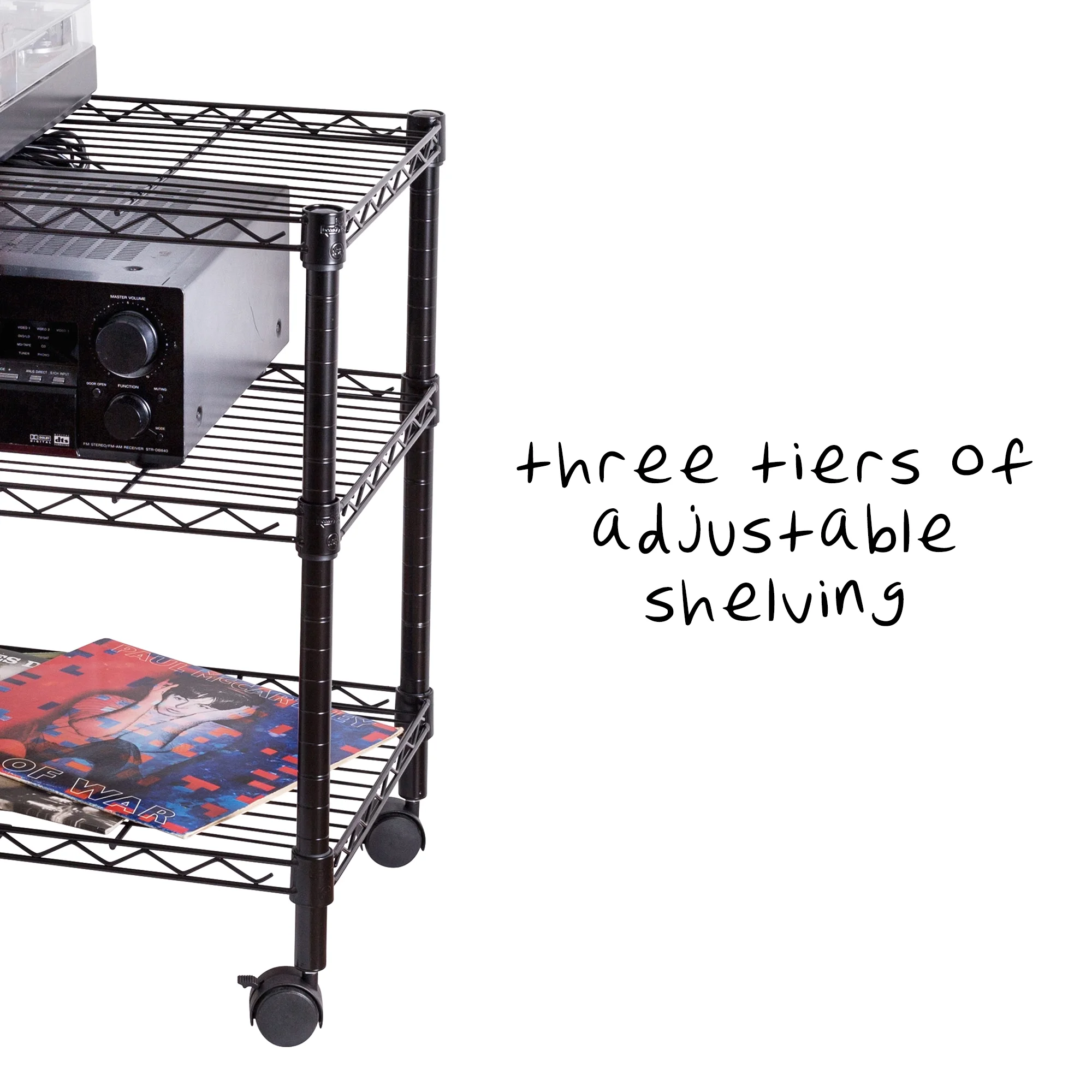 Honey-Can-Do 3-Tier Metal Rolling Adjustable Media Cart, Black