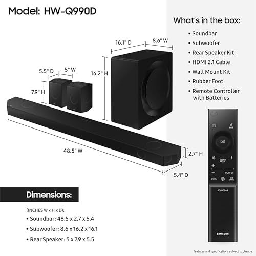 SAMSUNG Q990D 11.1.4ch Soundbar w/Wireless Dolby Atmos Audio, Rear Speaker Included, Q-Symphony, SpaceFit Sound Pro, Adaptive Sound, Game Mode Pro with Alexa Built-in, HW-Q990D/ZA