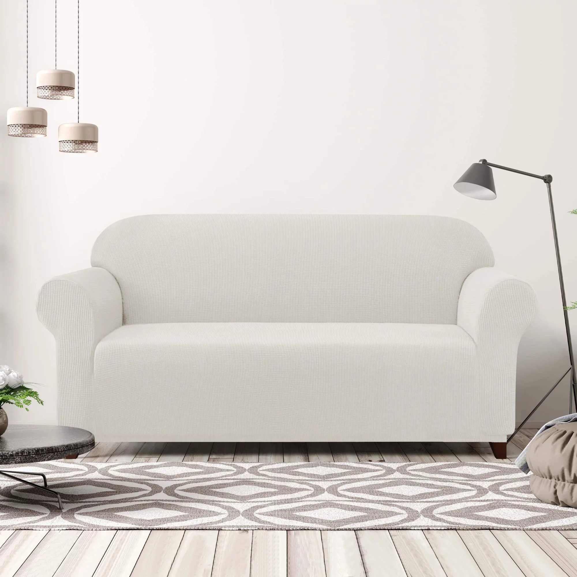 CHUN YI 1-Piece Checks Stretch Sofa Cover Slipcover Couch Cover, Sofa, Ivory White