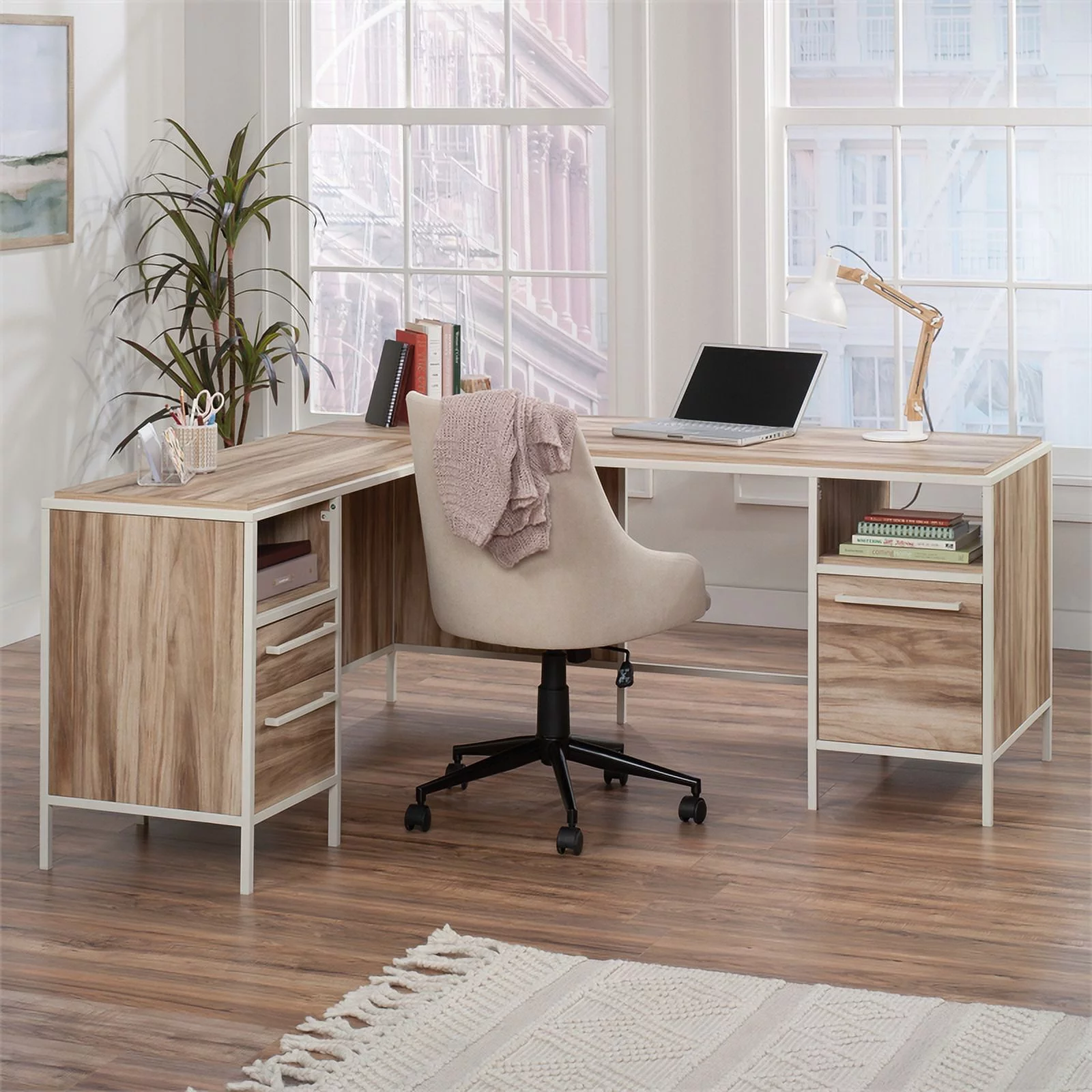 Pemberly Row Engineered Wood L-Desk in Kiln Acacia / Brown Finish