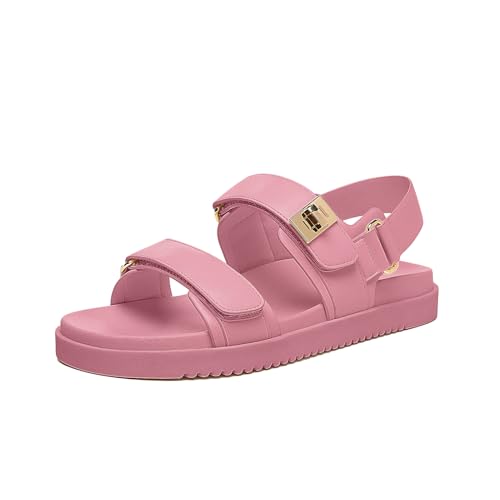 Rihero Women's Flat Sandals Comfort Adjustable Double Strap Slip on Leather Footbed Sandals