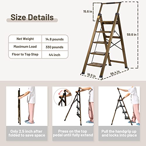 XinSunho 5 Step Ladder, Retractable Handgrip Folding Step Stool with Anti-Slip Wide Pedal, Aluminum Stool Ladders 5 Steps, 330lbs Safety Household Ladder
