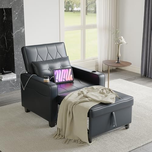 3-in-1 Convertible Sofa Chair Bed, Pull Out Leather Recliner Sleeper Sofa Chair Bed Couch with Cup Holders, USB & Type C Port,Side Pockets, Perfect for Living Room,Bedroom,Office (Black)