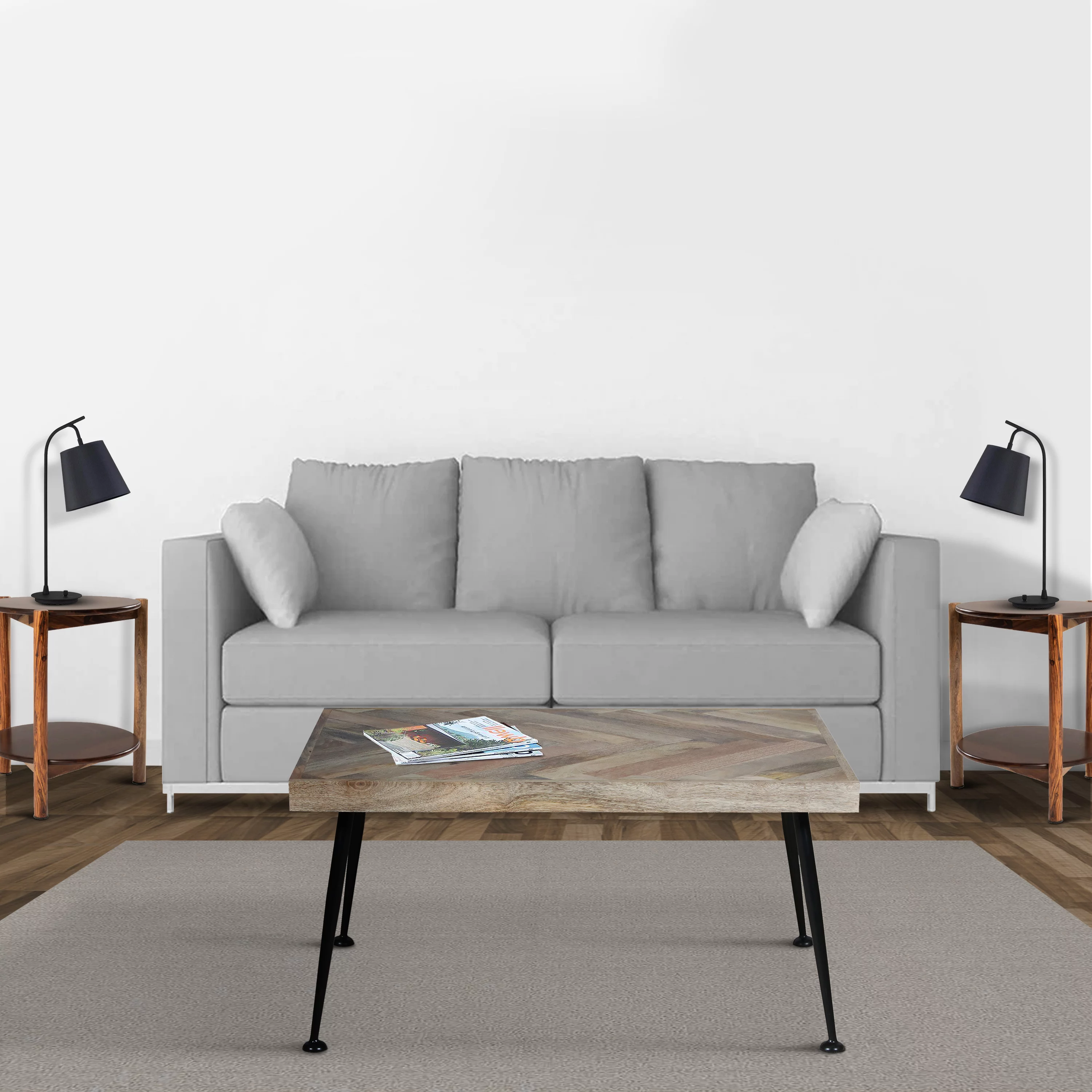 LANTRO JS 36 Inch Rectangular Mango Wood Coffee Table, Herringbone Design, Iron Legs, Brown, Black