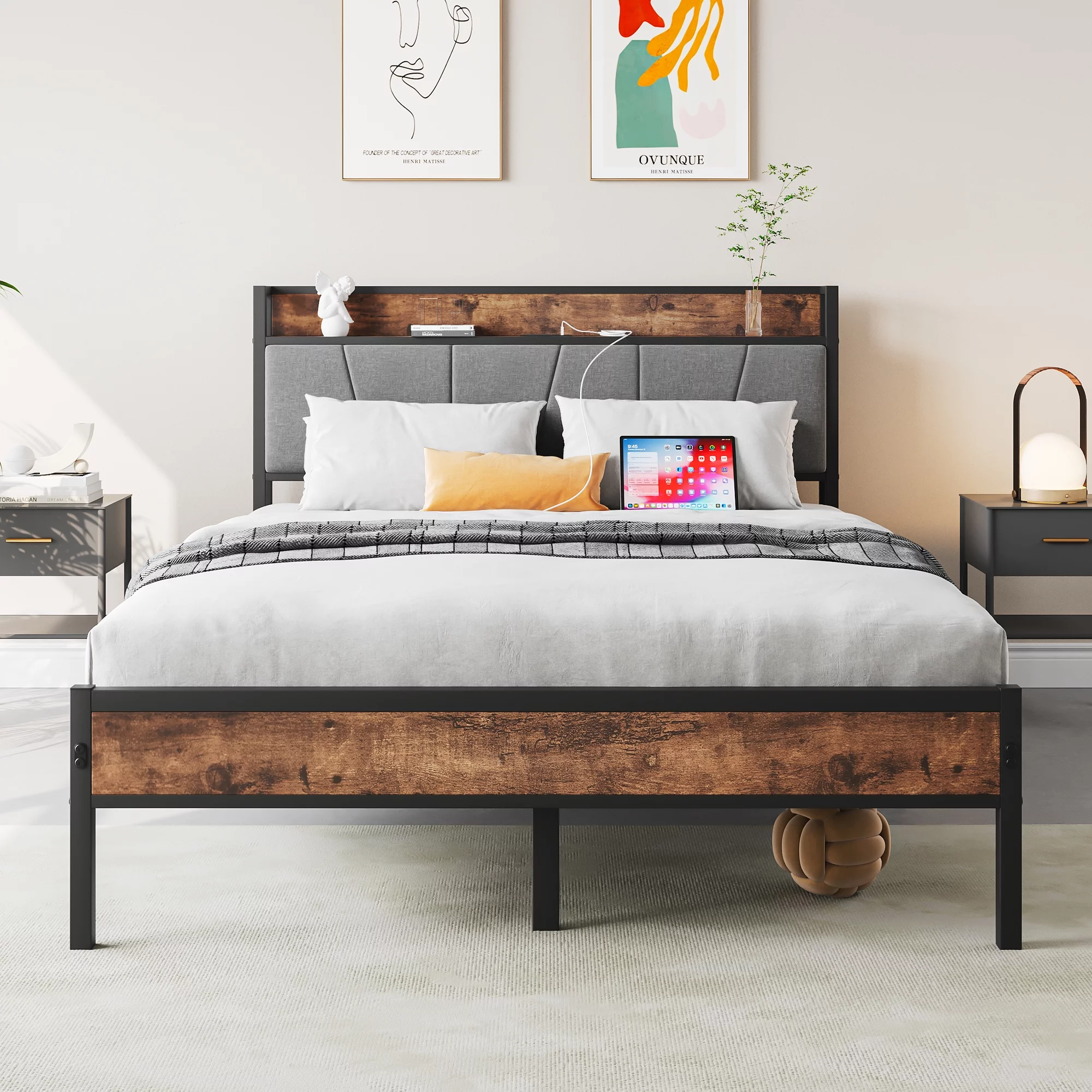 CASEMIOL Queen Bed Frame with Storage Upholstered Headboard, Metal Platform Bed with 2 Charging Station 2 USB for Bedroom Furniture, Sturdy No Noise, No Box Spring Needed, Easy Assembly, Vintage Brown