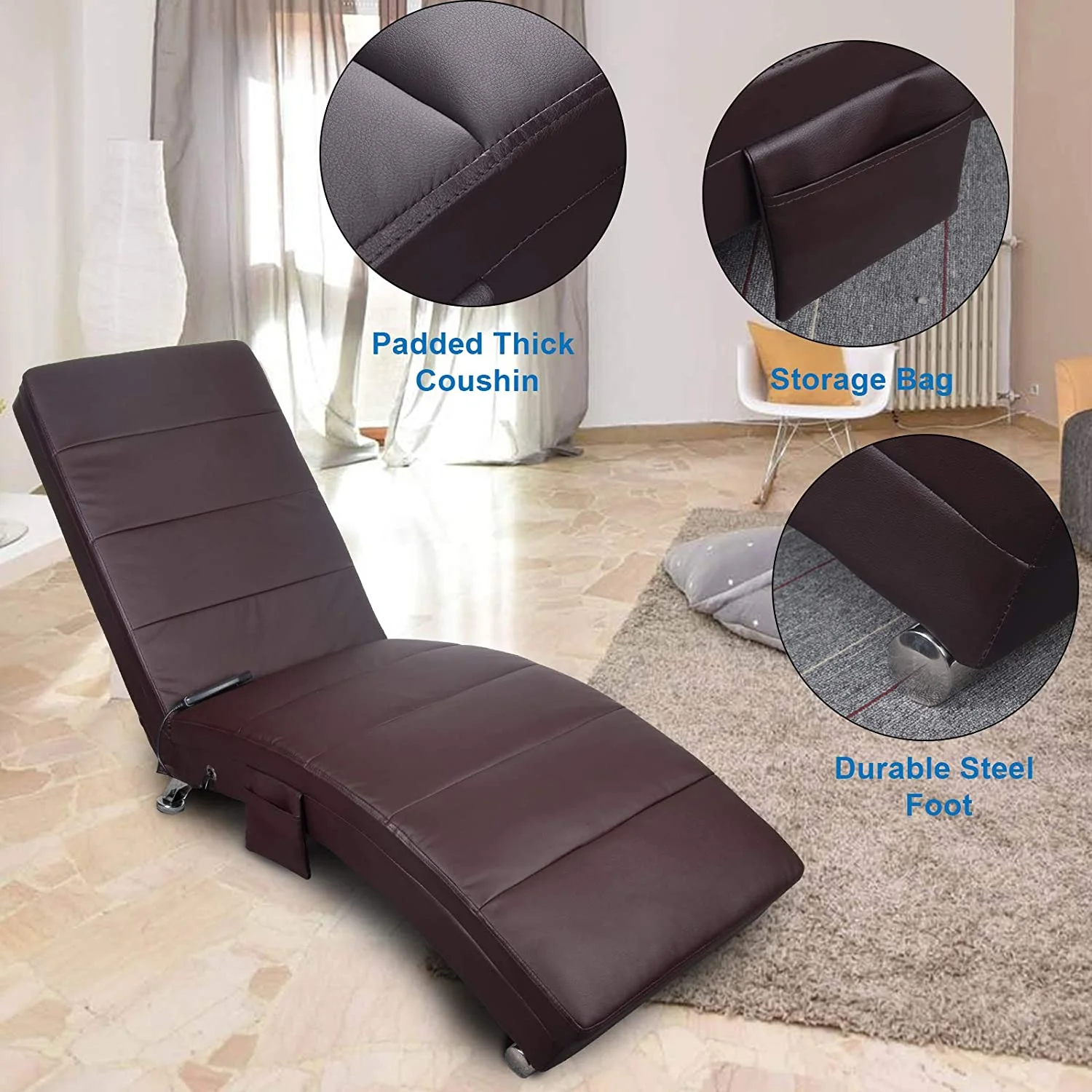 Massage Chaise Lounge - PU Leather Ergonomic Electric Vibrating Recliner Chair with Heating, Side Pocket,Brown