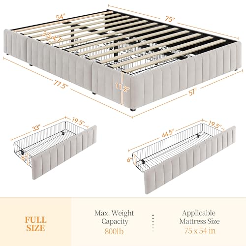 Yaheetech Queen Bed Frame Upholstered Platform Bed with 3 Storage Drawers, Large Storage Space/Strong Wooden Slats/Non-Slip and Noise-Free/No Fixed Headboard/No Box Spring Needed/Beige Queen Bed
