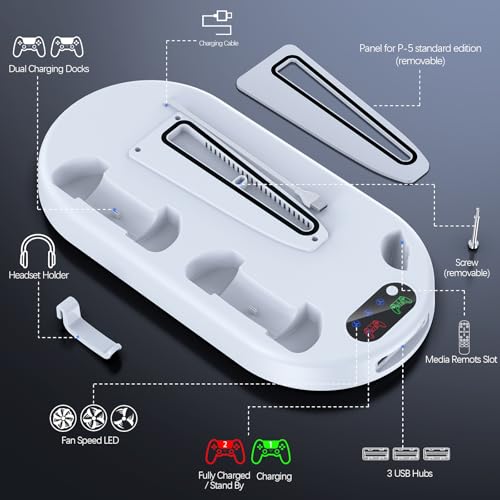 AMZDM Cooling Station PS5 Slim Stand PS5 Pro Cooling Fan with Charging Station PlayStation 5 Console Cooler with Docking Station Controller Charger PlayStation 5 Pro & Slim Disc & Digital White