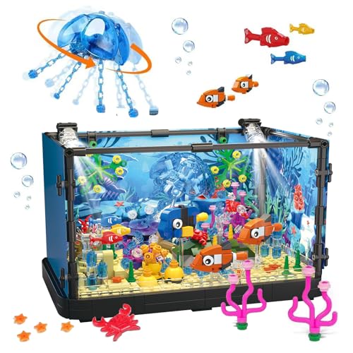 Fish Tank Building Sets,725 Pcs Lighting Aquarium Building Kits for Adults and Kids,STEM Creative Aquarium Toy with Ocean Jellyfish,Fish,Crab,Animal,Educational Gift for Boys Girls Age 8-14+