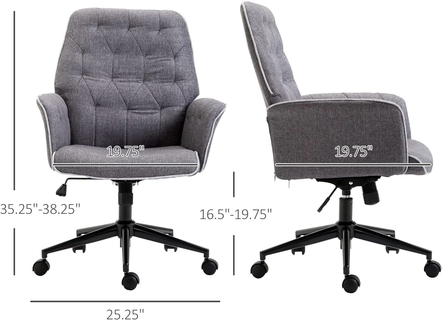 Vinsetto Linen Home Office Chair, Tufted Height Adjustable Computer Desk Chair With Swivel Wheels And Padded Armrests, Dark Gray