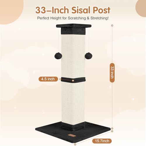 Cat Scratching Post 33 inch for Indoor Cats, High Cat Scratch Post Grey, Cat Tree for Full-Body Stretching, Protect Your Furniture