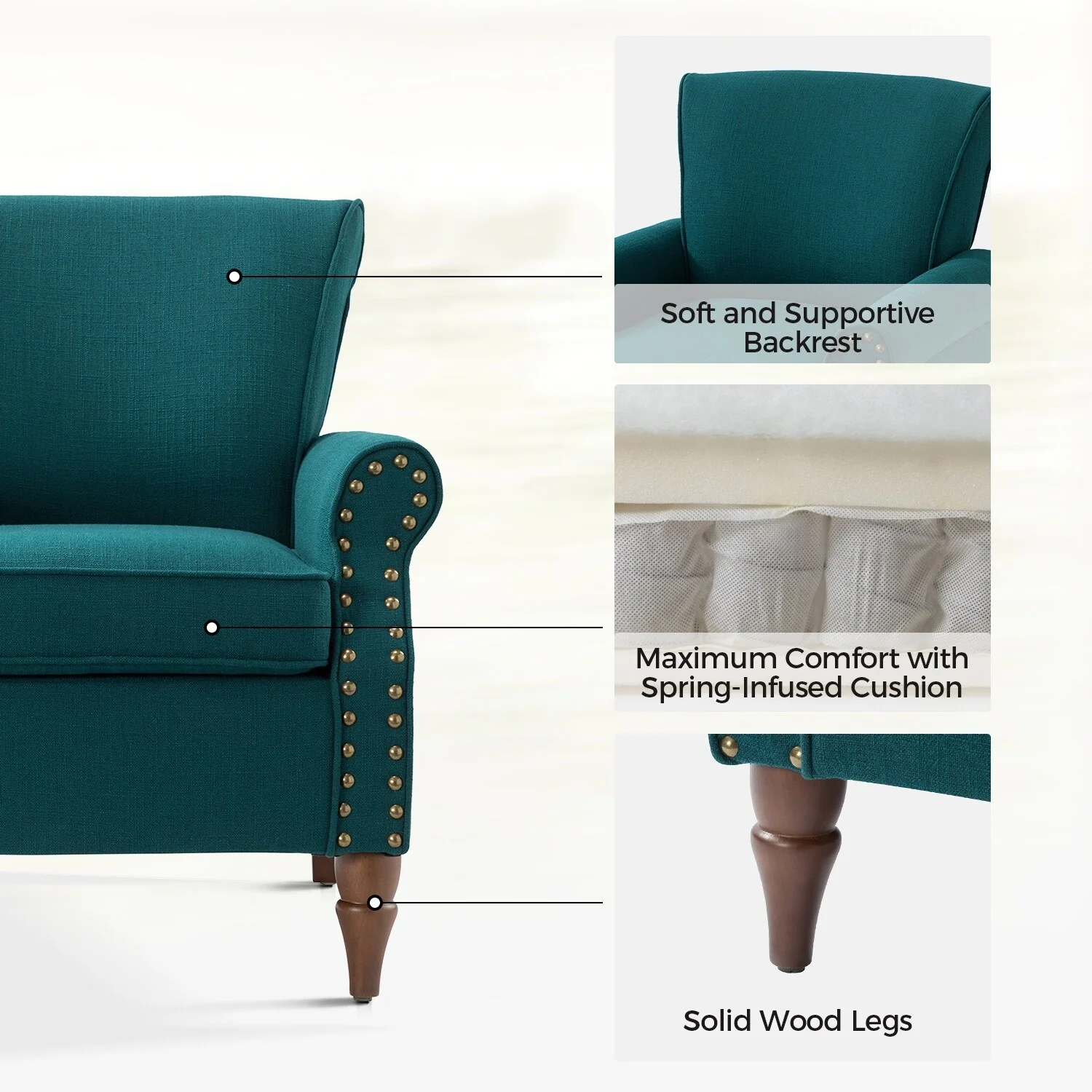 HULALA HOME Nyctelius Upholstered Comfy Accent chair with Classic Turned Wooden Legs and Nailhead Trim by  Teal
