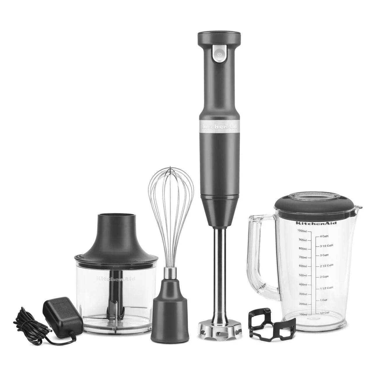 KitchenAid Cordless Variable Speed Hand Blender with Chopper and Whisk Attachment, Charcoal Grey, KHBBV83