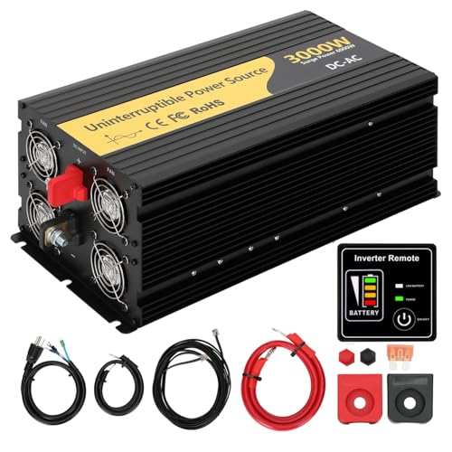 New Upgrade 3000W Pure Sine Wave Inverter Charger, Auto Transfer Switch, Remote Control, DC 12V to 120V AC with LCD Display, Ideal for Off-Grid & Emergency Power