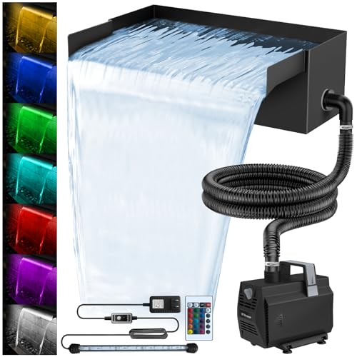 All-in-1 Pond Waterfall Kit with LED Lights, 12 inch Stainless Steel Spillway with 880GPH Water Pump, Outdoor Waterfall Fountain for Water Feature, Garden, Backyard, Pool