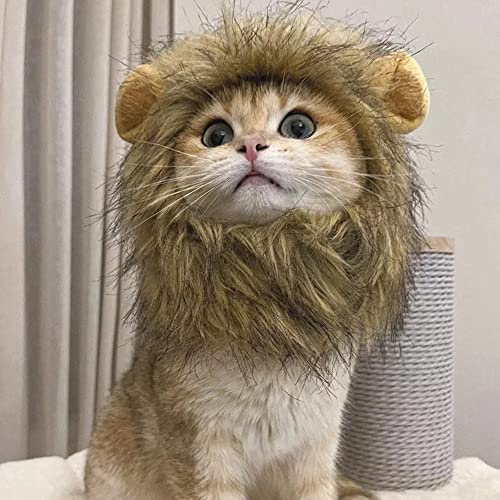 Lion Mane Cat Wig, Hat for Dogs and Cat Small Pet Cat Decor, Wig Fancy Hair Cap, Funny Pet Cat Costumes for Halloween Christmas. (M, Brown)