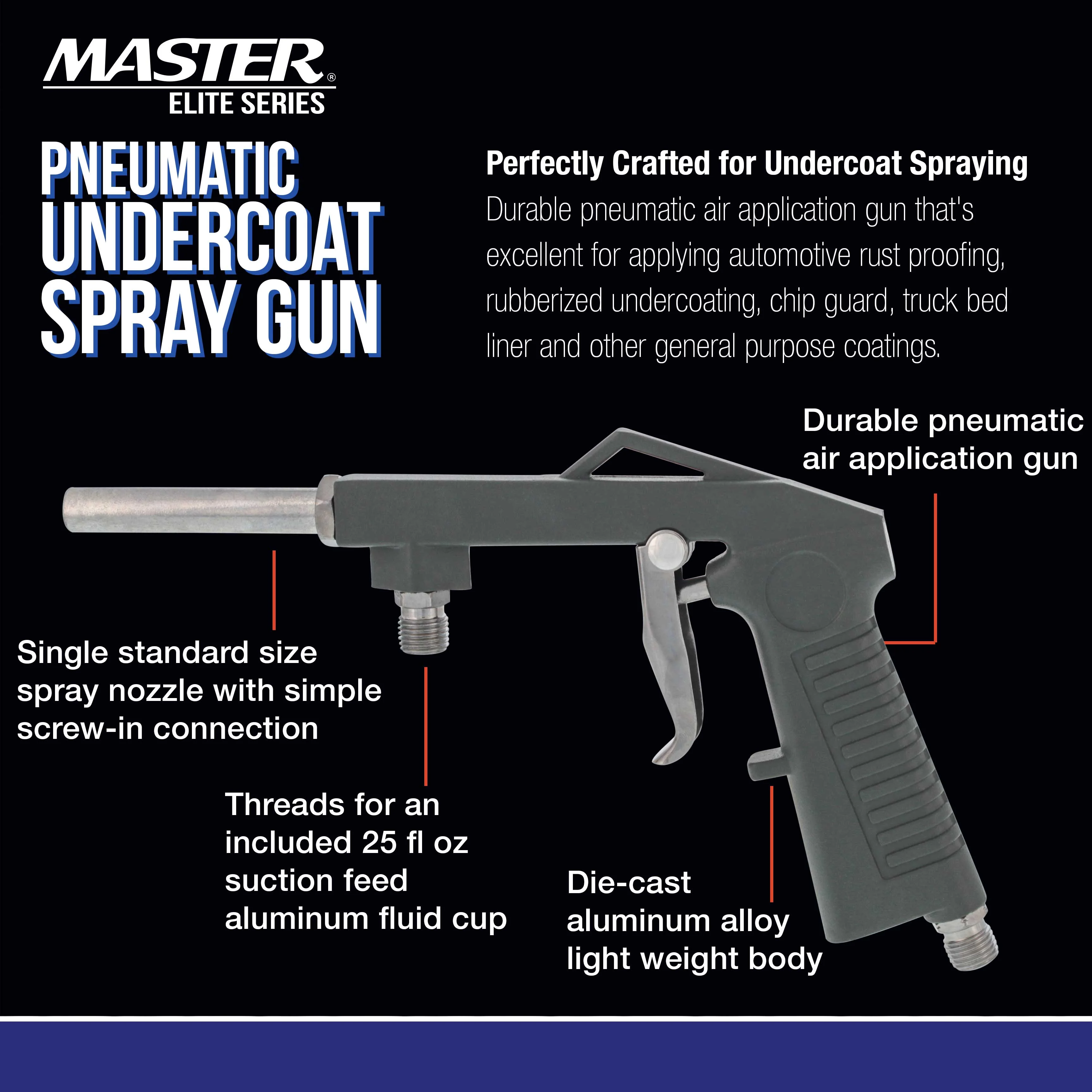 Master Elite Air Undercoating Spray Gun with Regulator & Suction Feed Cup - Apply Sprayable Truck Bed Liner Coating, Rubberized Undercoat, Rust Proofing Paint, Pneumatic Automotive Application Sprayer