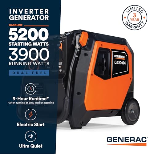 Generac 3,300-Watt Gas-Powered Portable Inverter Generator - Lightweight Design - USB Ports for Mobile Device Charging - COsense Technology - Perfect for Home use - Orange/Black