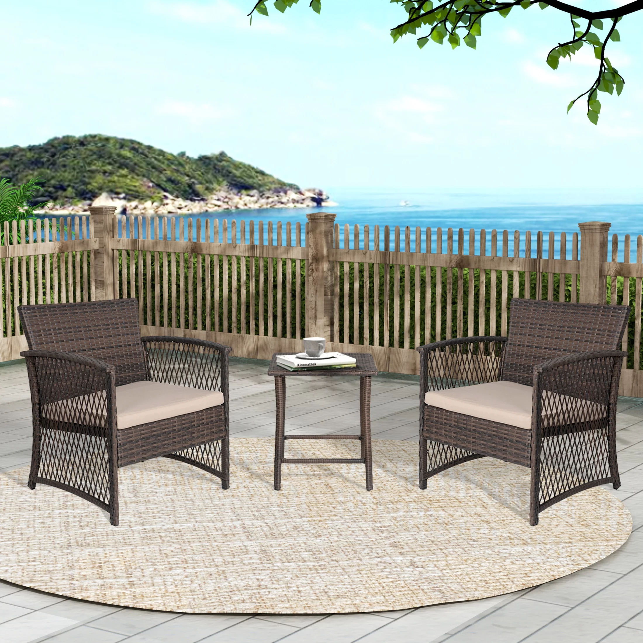 WestinTrends Melvi 3 Piece Wicker Patio Furniture Sets, All Weather PE Rattan Chair Bistro Set Outdoor Patio Conversation Set, Coffee and Beige