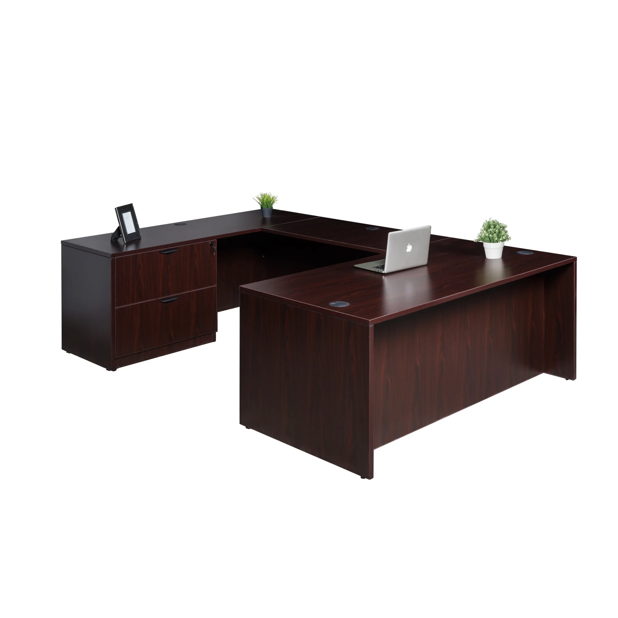 Boss Office Products 71 Inch Executive U-Shape Desk with 2 Drawer Lateral File and Credenza, Mahogany