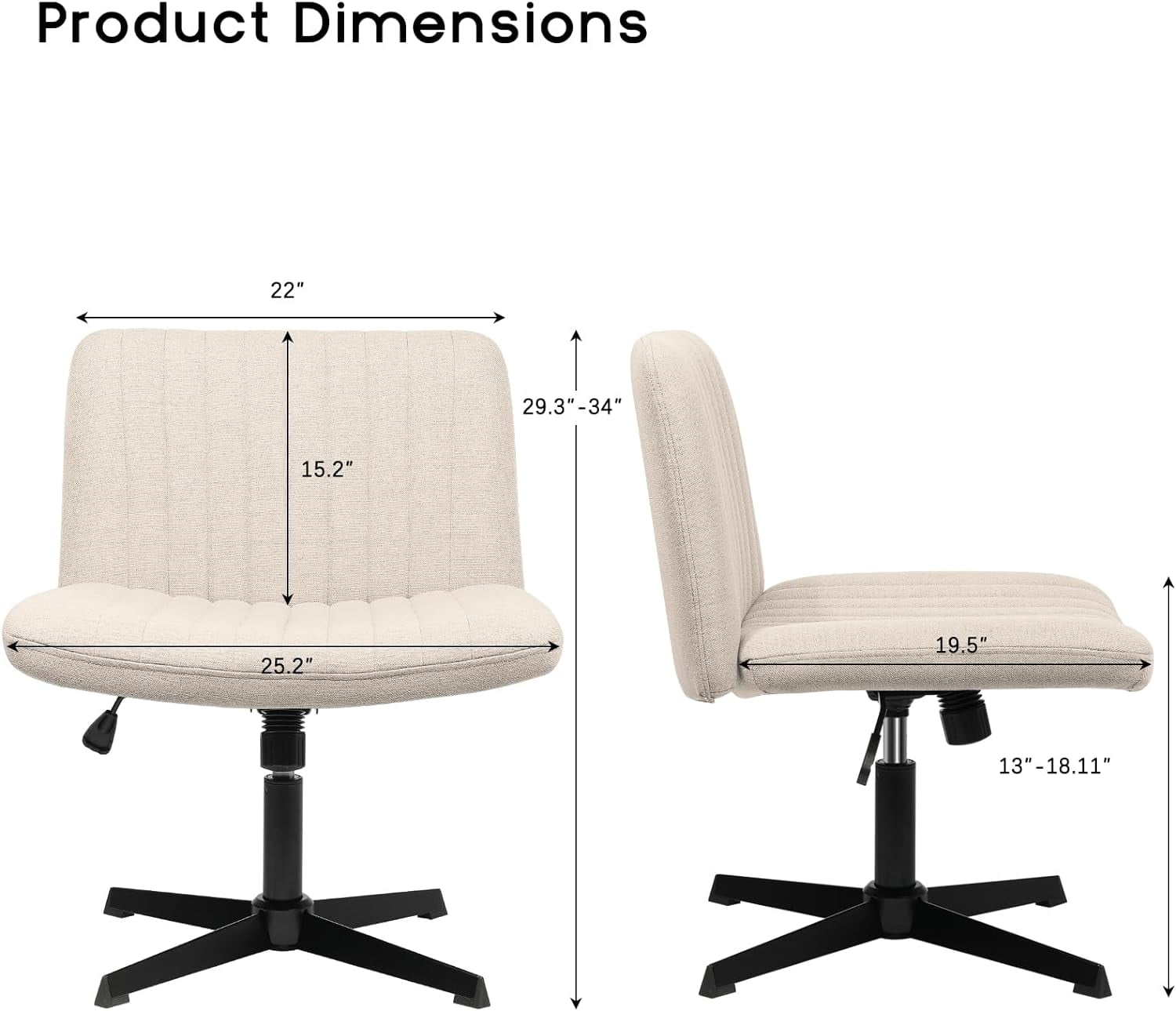 Criss Cross Chair,Armless Cross Legged Office Desk Chair No Wheels,Fabric Padded Modern Swivel Height Adjustable Mid Back Wide Seat Computer Task Vanity Chair for Home Office(Beige)