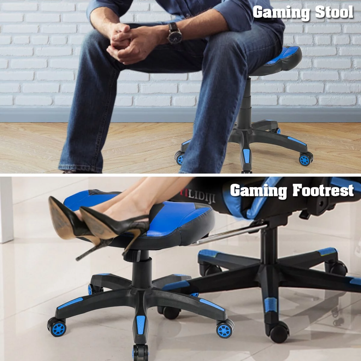 Blue Multi-Use Gaming Ottoman Footstool Chair Footrest Swivel Height Adjustable