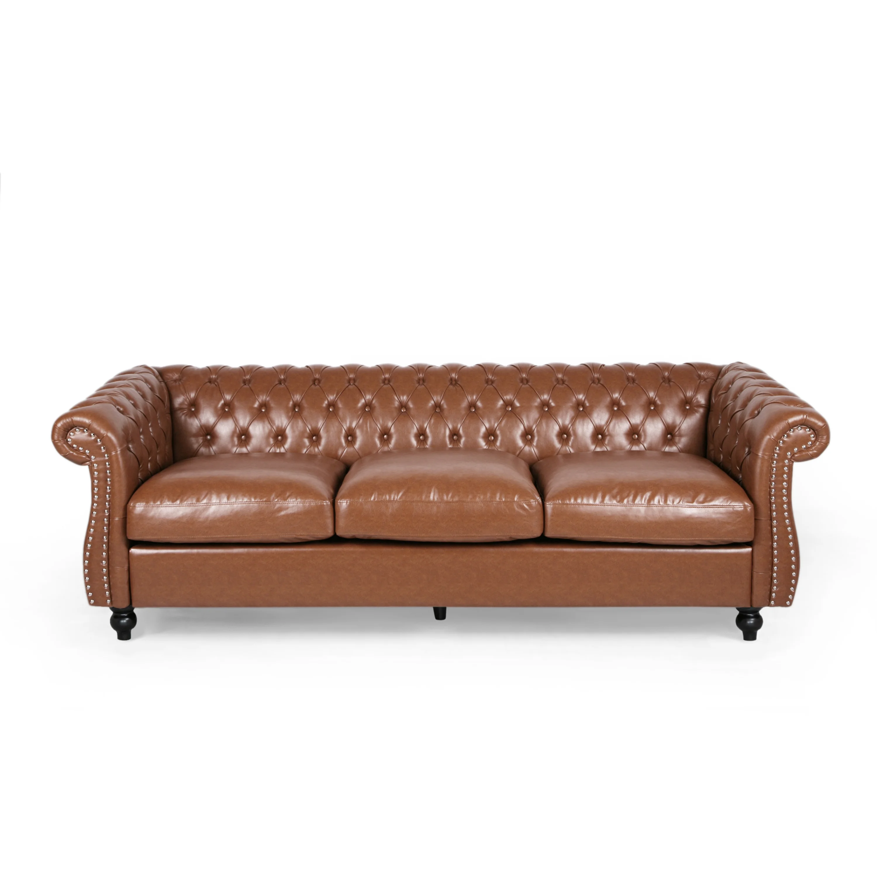 GDF Studio Kyle Chesterfield Tufted 3 Seater Sofa with Scroll Arms, Cognac Brown Faux Leather and Dark Brown
