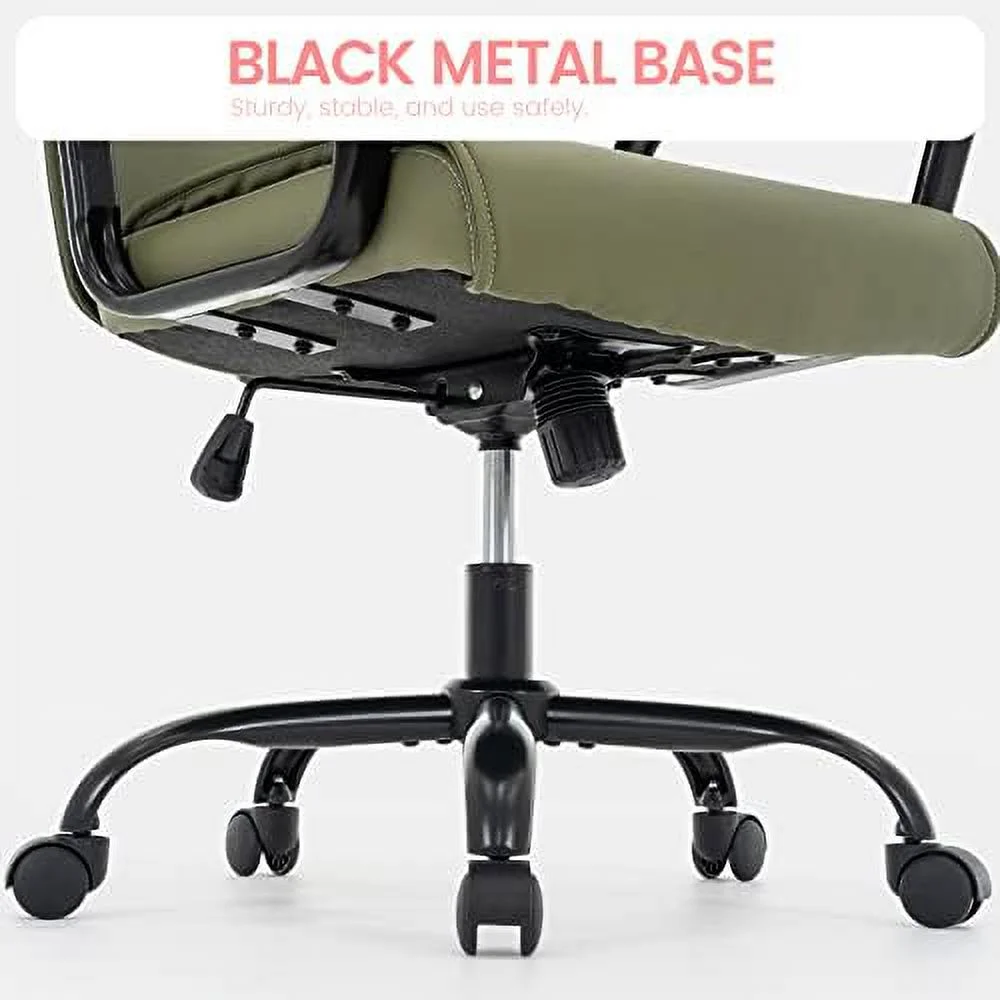 Office Chair  Modern Upholstered Mid-Back PU Leather Task Desk Chair with Arms  Adjustable Rocking Swivel Computer Chair with Wheels (Olive Green  Black Base)