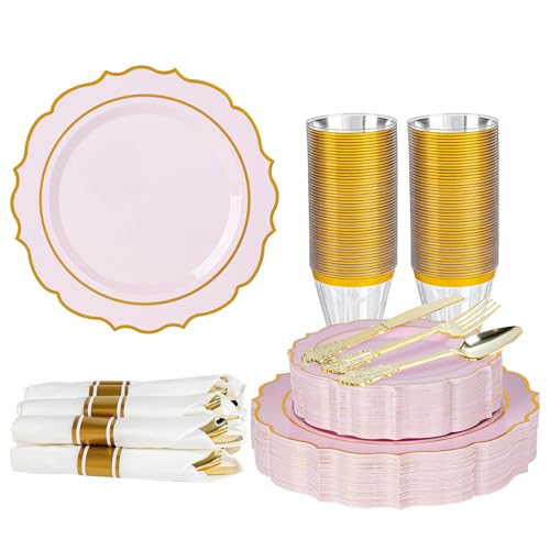 350PCS White Plastic Plates, Gold Plastic Dinnerware Sets for 50 Guests, Include 100 Disposable Plates, 50 Cups and 50 Pre Rolled Napkins with 150 PCS Gold Silverware for Party and Wedding