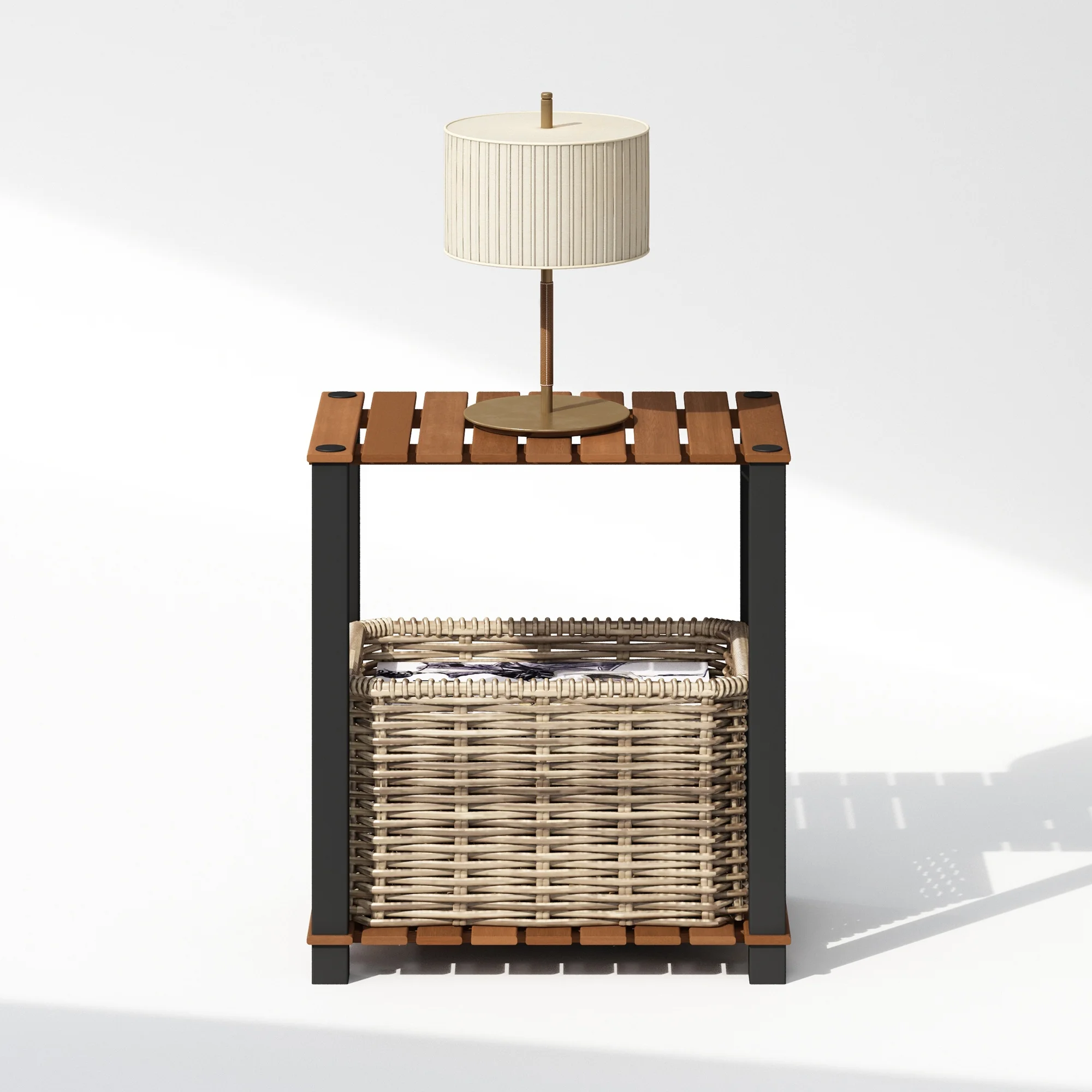 Furinno Turn-N-Tube 2-Tier Wood Slat Small Rectangle End Table with Open Shelves, Natural/Black