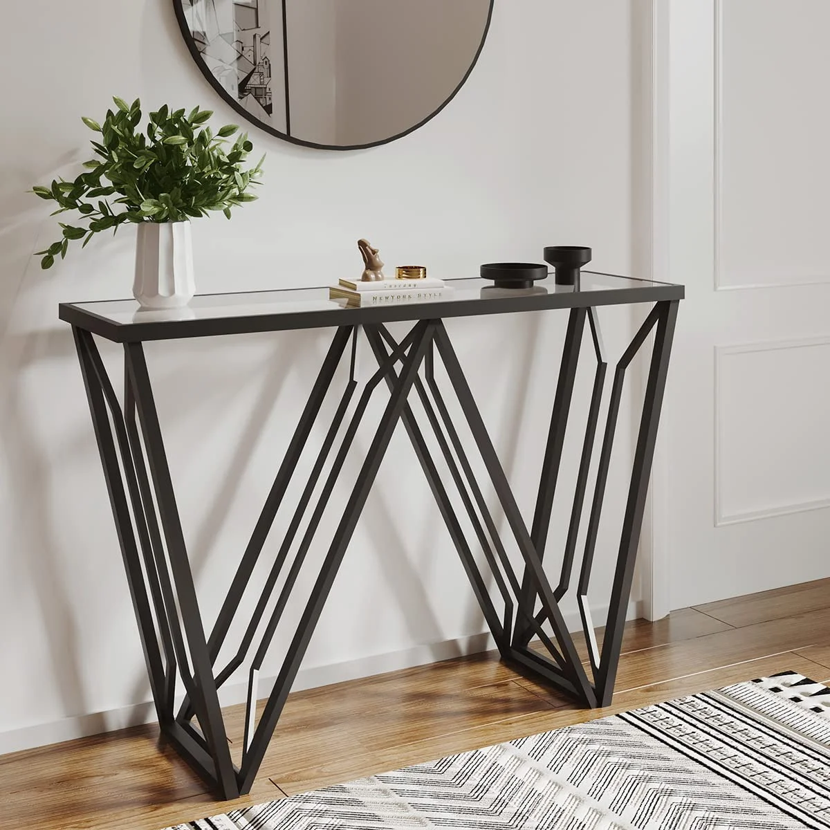 TJUNBOLIFE Glass Console Table Narrow Sofa Table Black Metal Frame for Entryway  Hallway  Living Room  Foyer  Corridor