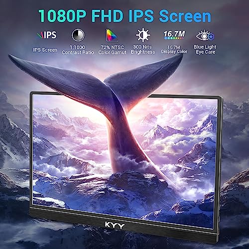 KYY Portable Monitor 15.6'' FHD 1080P USB C HDMI Gaming Monitor Ultra-Slim IPS Display w/Smart Cover & Speakers, Plug&Play, External Monitor for Laptop PC Phone Mac Xbox PS4