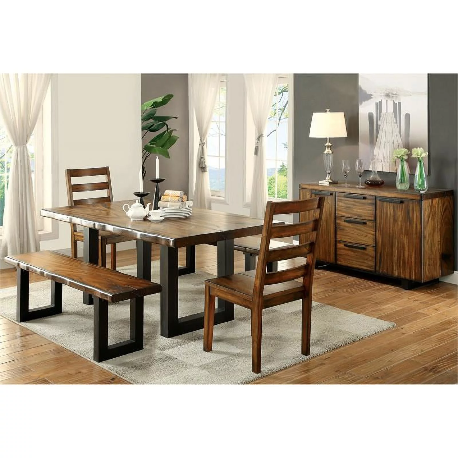 Furniture of America Buntix Wood Dining Bench, Tobacco Oak Finish