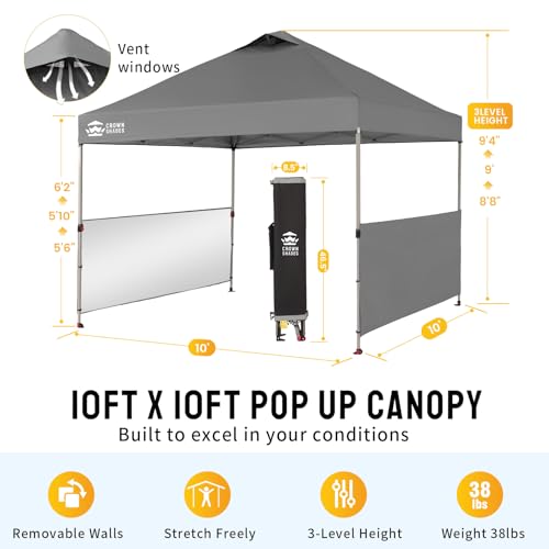 CROWN SHADES 10x10 Pop up Canopy Tent Instant Canopy with 150D Silver Coated Fabric Including 2 Half Sidewalls, 4 Ropes, 8 Stakes, 4 Weight Bags, STO 'N Go Bag, Grid Grey