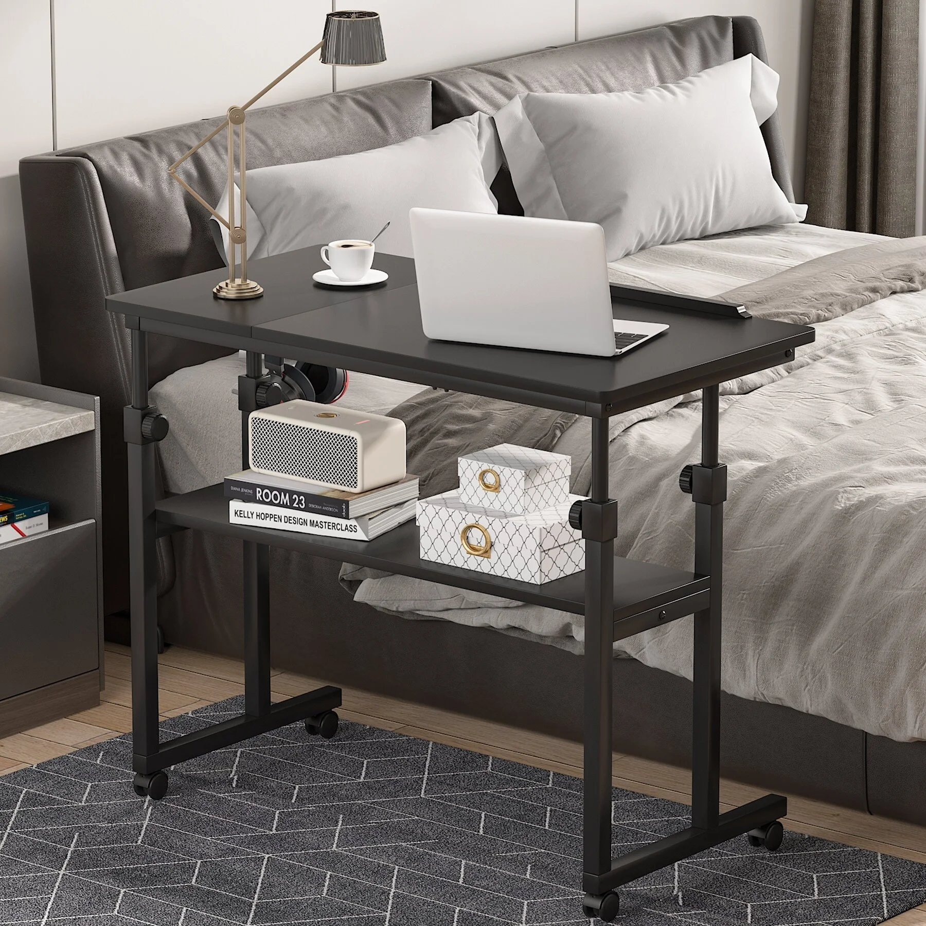 Height Adjustable Portable Desk for Sofa Bed, Standing Laptop Table with Wheels Brown