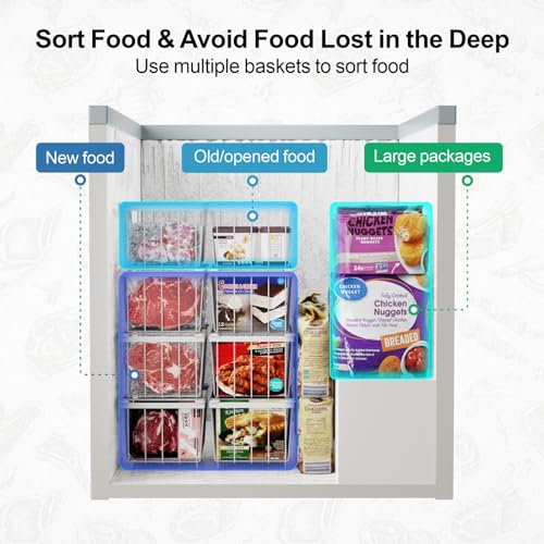 iSPECLE Freezer Organizer Bins - 4 Pack Small Stackable Deep Freezer Organizer Bins for 7 Cu.Ft Freezers Easy Get Bottom Foods without Digging, Chest Freezer Organizer Prevent Frozen Food Waste, Black