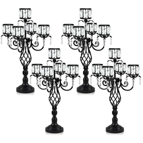 23.2 inch Tall Elegant and Chic Black 5 Arm Pendant Crystal Candlestick Holder Table Decoration tealight Candle Holder, Candelabra for Gorgeous Wedding/Parties Table Centerpiece (2, Black)