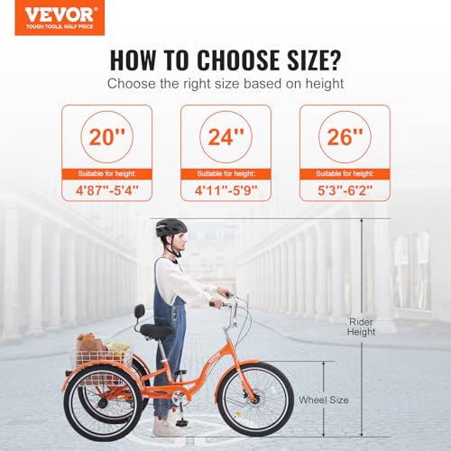 VEVOR Adult Tricycles Bike, 24 Inch Three-Wheeled Bicycles, 3 Wheel Bikes Trikes, Aluminum Alloy Cruiser Bike with Basket & Adjustable Seat, Picnic Shopping Tricycles for Seniors, Women, Men (Orange)