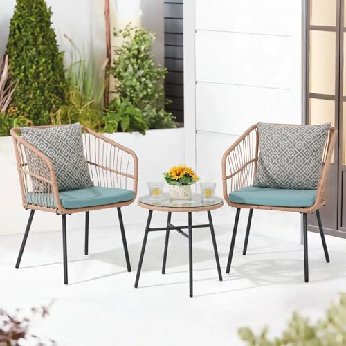 OC Orange-Casual 3-Piece Patio Bistro Set, Outdoor Furniture All-Weather Wicker Conversation Set, 2 Rattan Armchairs with Round Glass Coffee Table, for Porch, Backyard, Balcony
