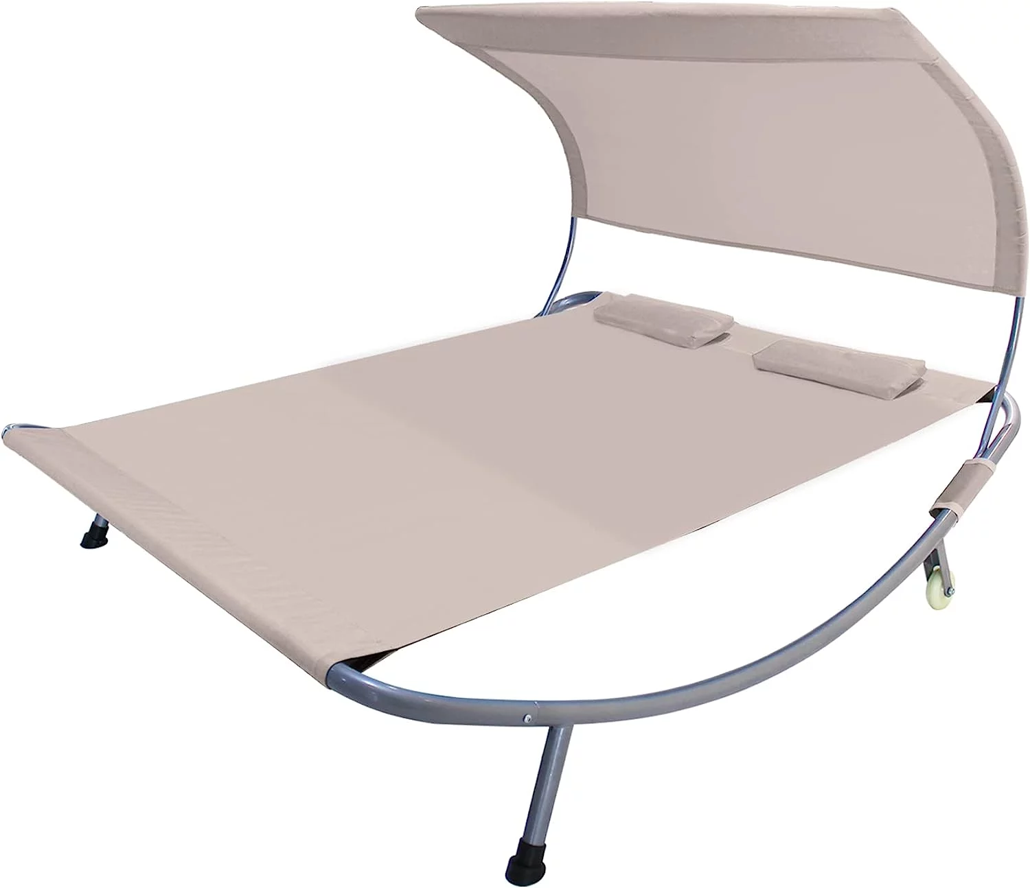 COVERONICS Patio Double Chaise Lounge Bed with Canopy,Headrest Pillow and Wheels,Portable Outdoor Hammock Bed for Patio, Yard, Pool(Khaki)