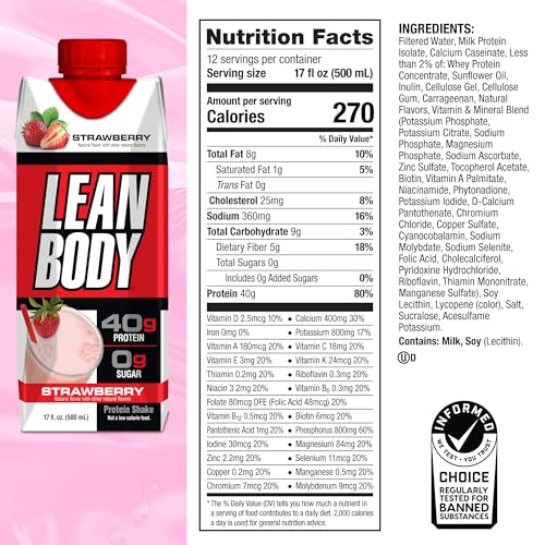 Labrada Lean Body Ready-to-Drink Strawberry Protein Shake, 40g Protein, Whey Blend, 0 Sugar, Gluten Free, 22 Vitamins & Minerals, 17 Ounce (Recyclable Carton & Lid - Pack of 12) LABRADA